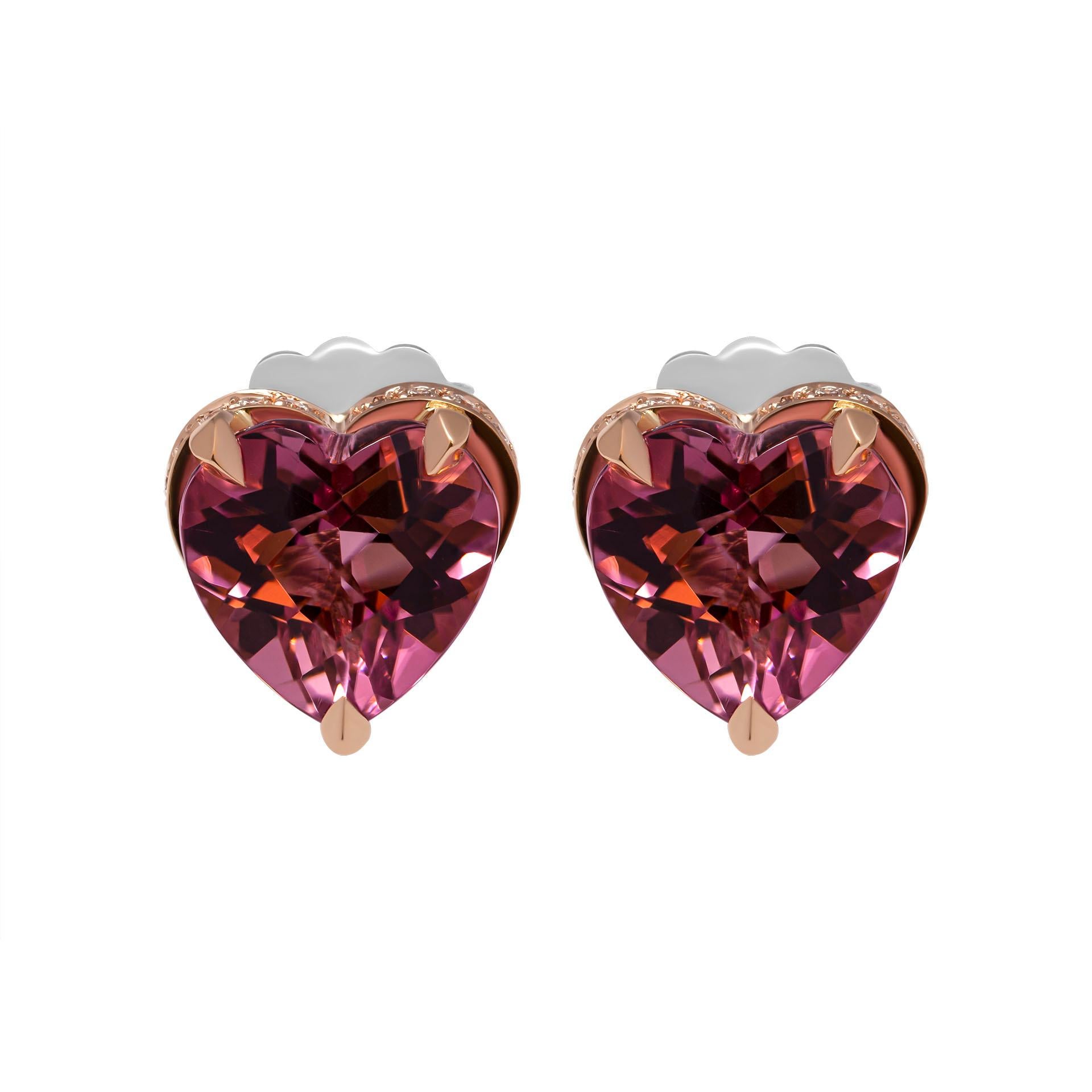 Heart Cut Earrings 14k Rose Gold Heart Shape Diamond Pink Tourmaline For Sale