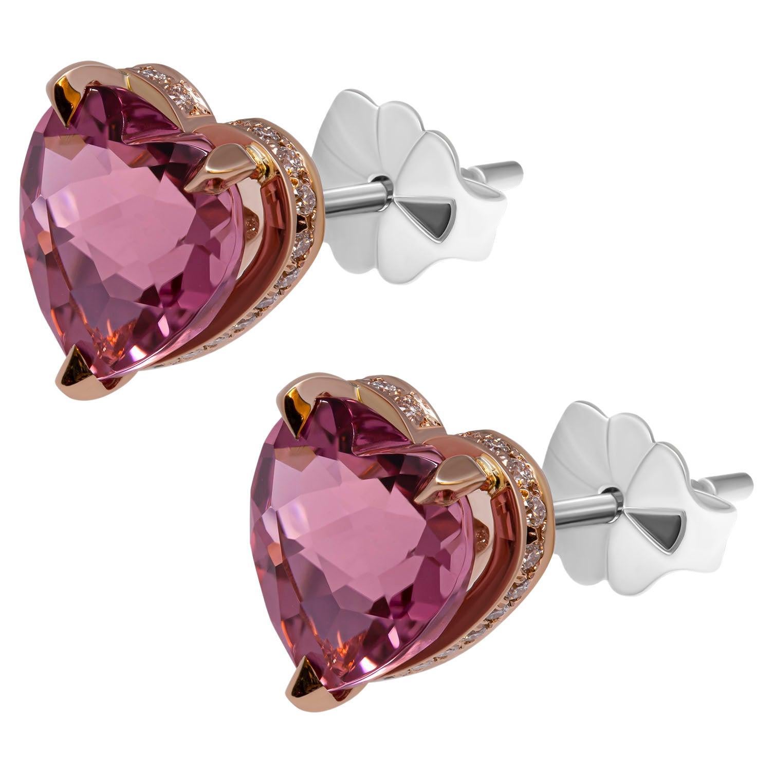 Boucles d'oreilles or rose 14k Diamant en forme de coeur Tourmaline rose