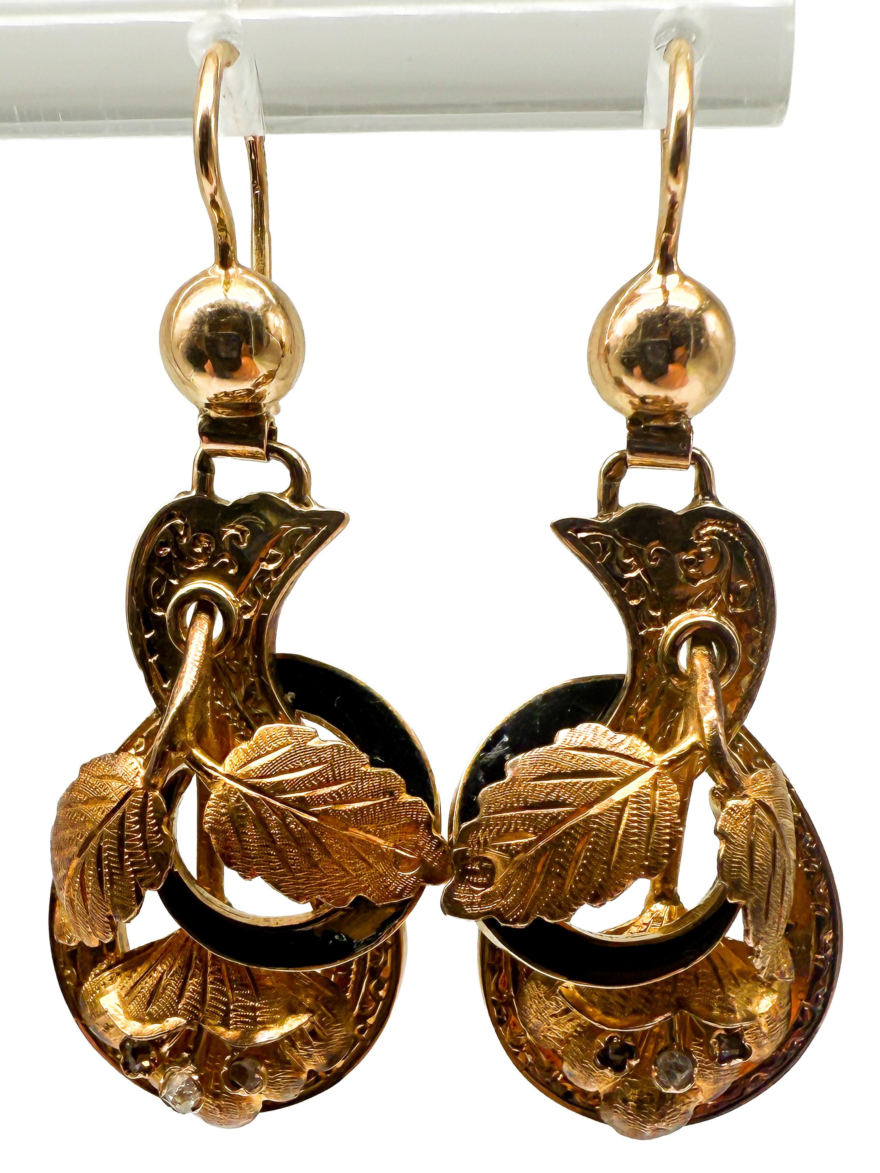 Taglio brillante Orecchini, oro giallo 14K con diamanti, vittoriani in vendita