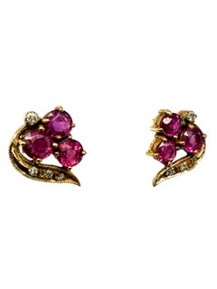 Earrings, 14k Yellow Gold with Rubies and Diamonds