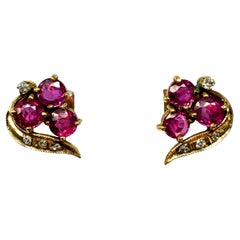 Orecchini, oro giallo 14k con rubini e diamanti