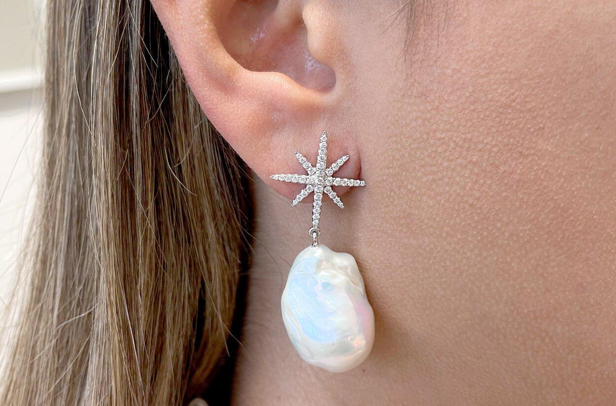 Contemporary Earrings 14kt Gold Baroque Pearls & Diamonds Star Drop For Sale