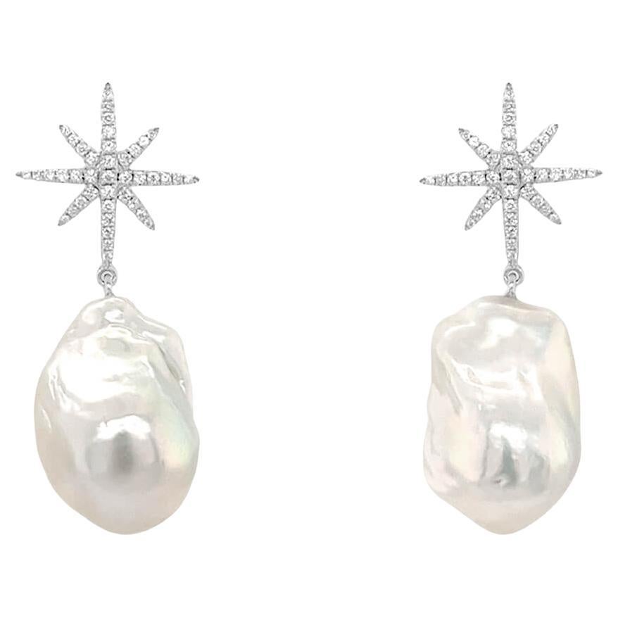 Earrings 14kt Gold Baroque Pearls & Diamonds Star Drop For Sale