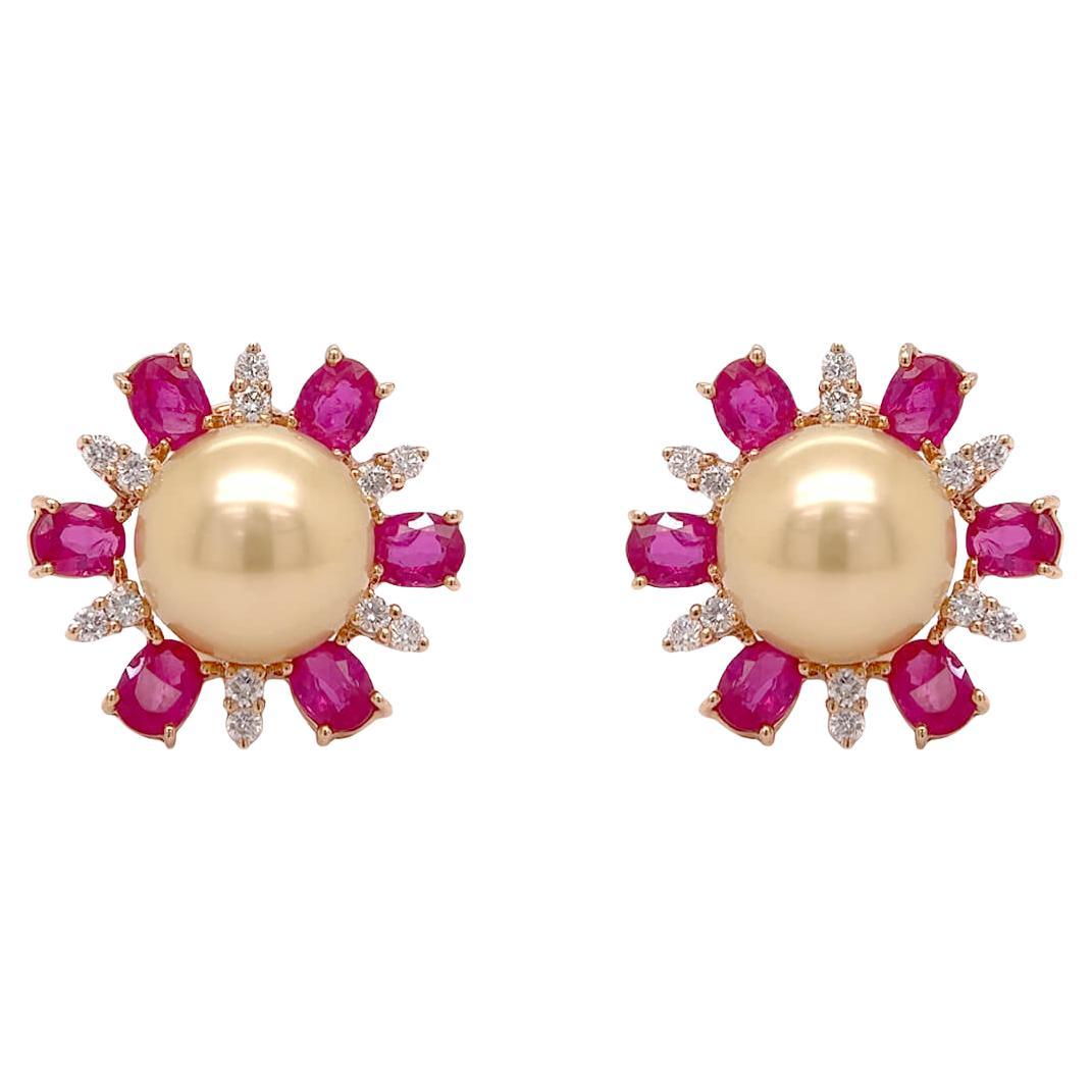 Earrings 18kt Gold Pearls with Sapphires & Diamonds Flowers For Sale