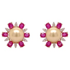 Earrings 18kt Gold Pearls with Sapphires & Diamonds Flowers
