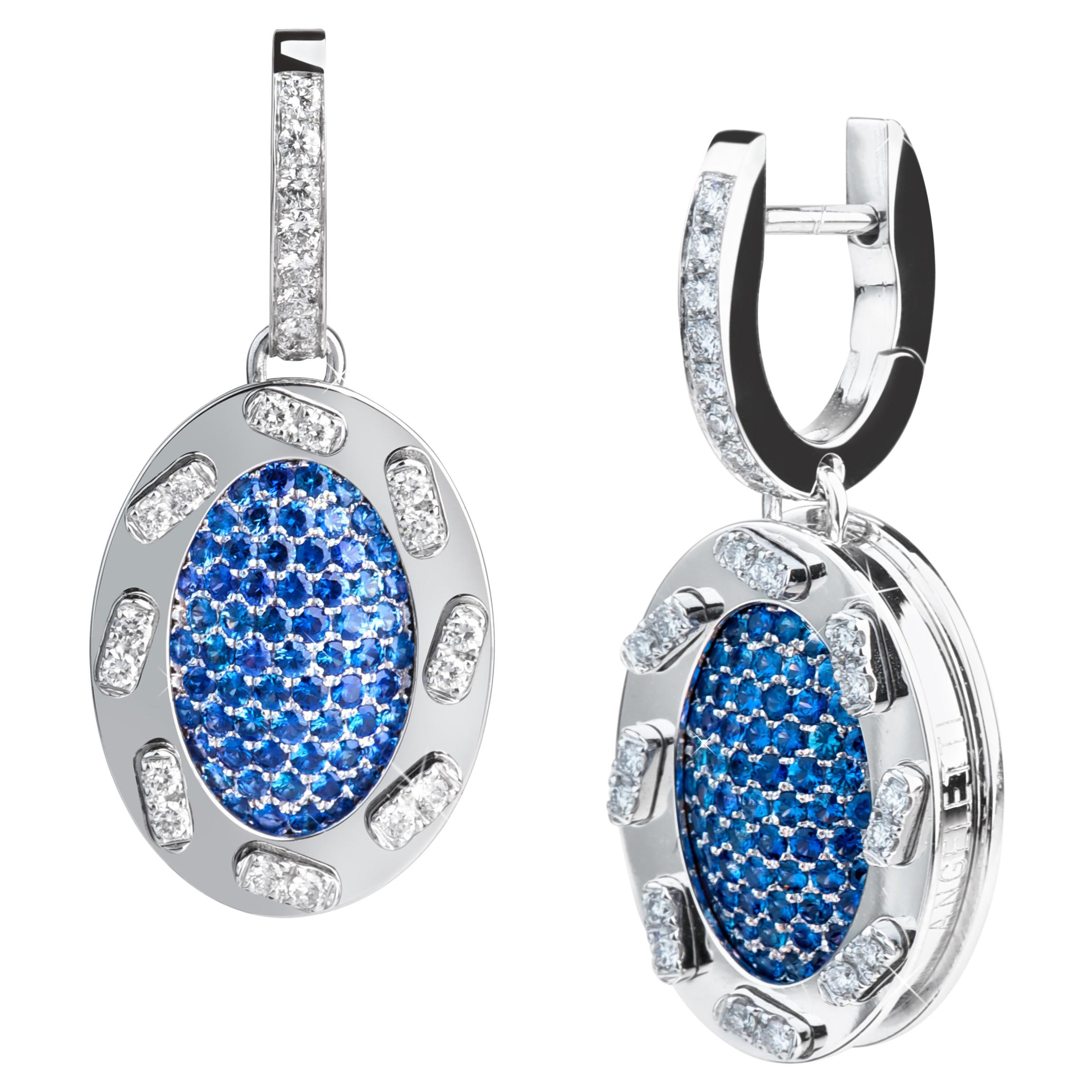 Earrings 18 Karat Gold Blue Sapphires, Diamonds from the Iconic Omles Collection For Sale