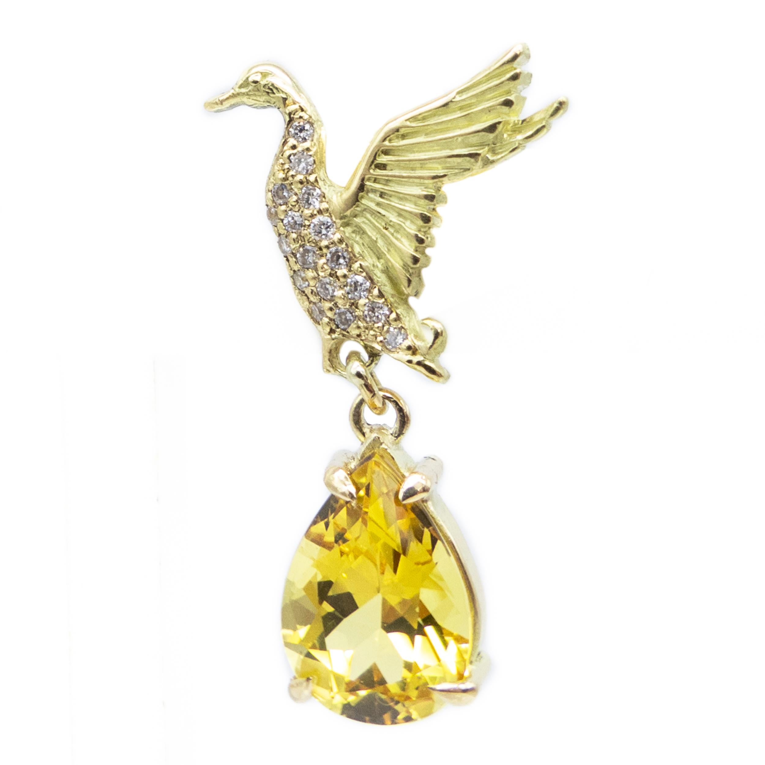 Modern Earrings 18 Karat Gold Diamonds Pear Cut Yellow Beryl Vicente Gracia For Sale