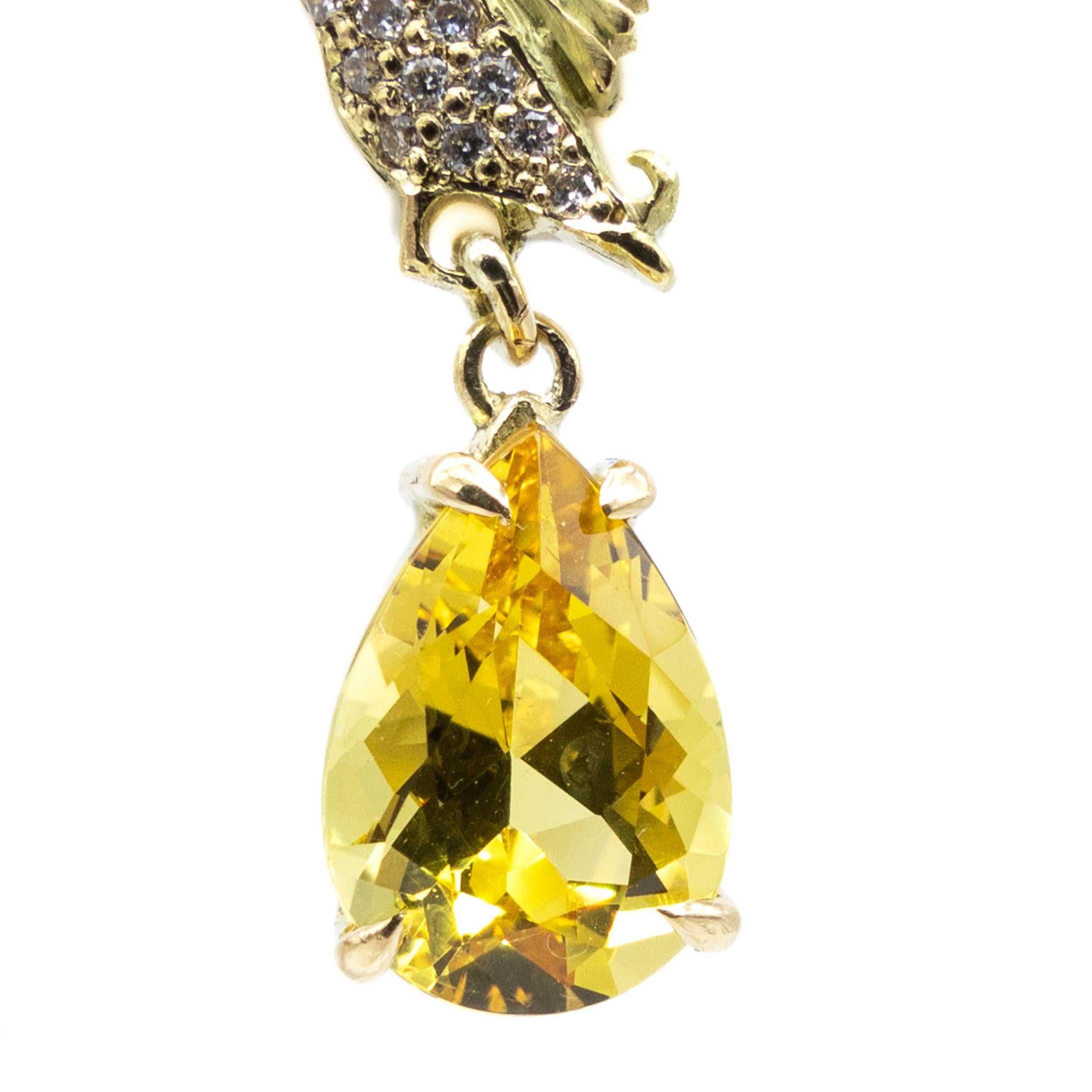 Earrings 18 Karat Gold Diamonds Pear Cut Yellow Beryl Vicente Gracia In New Condition For Sale In Valencia, ES