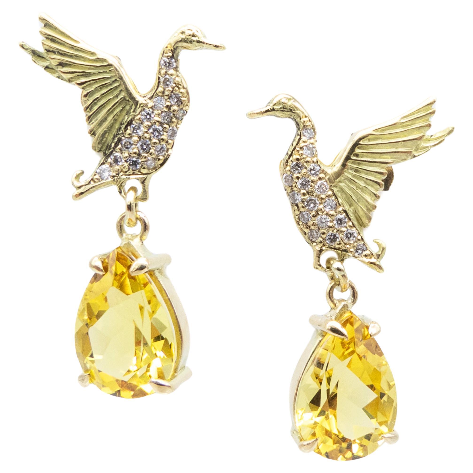 Earrings 18 Karat Gold Diamonds Pear Cut Yellow Beryl Vicente Gracia For Sale