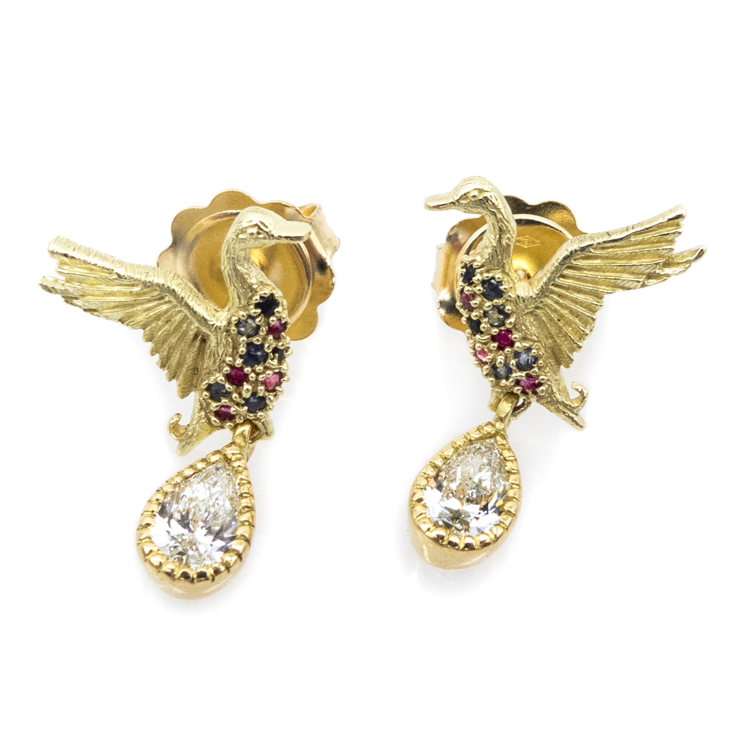 Earrings 18 Karat Gold Ducks Sapphires Rubies Pear Cut Diamond Vicente Gracia In New Condition In Valencia, ES