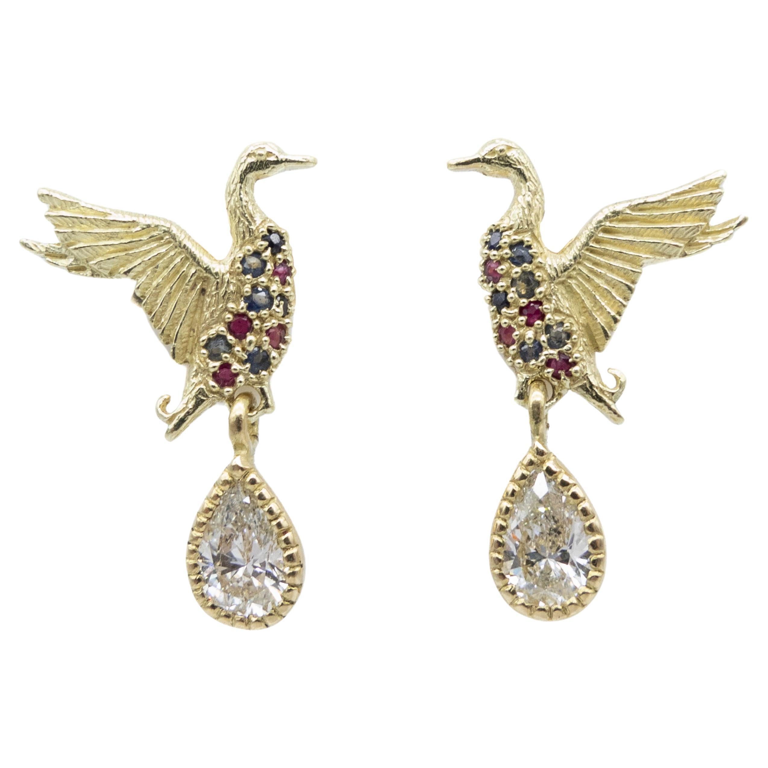 Earrings 18 Karat Gold Ducks Sapphires Rubies Pear Cut Diamond Vicente Gracia