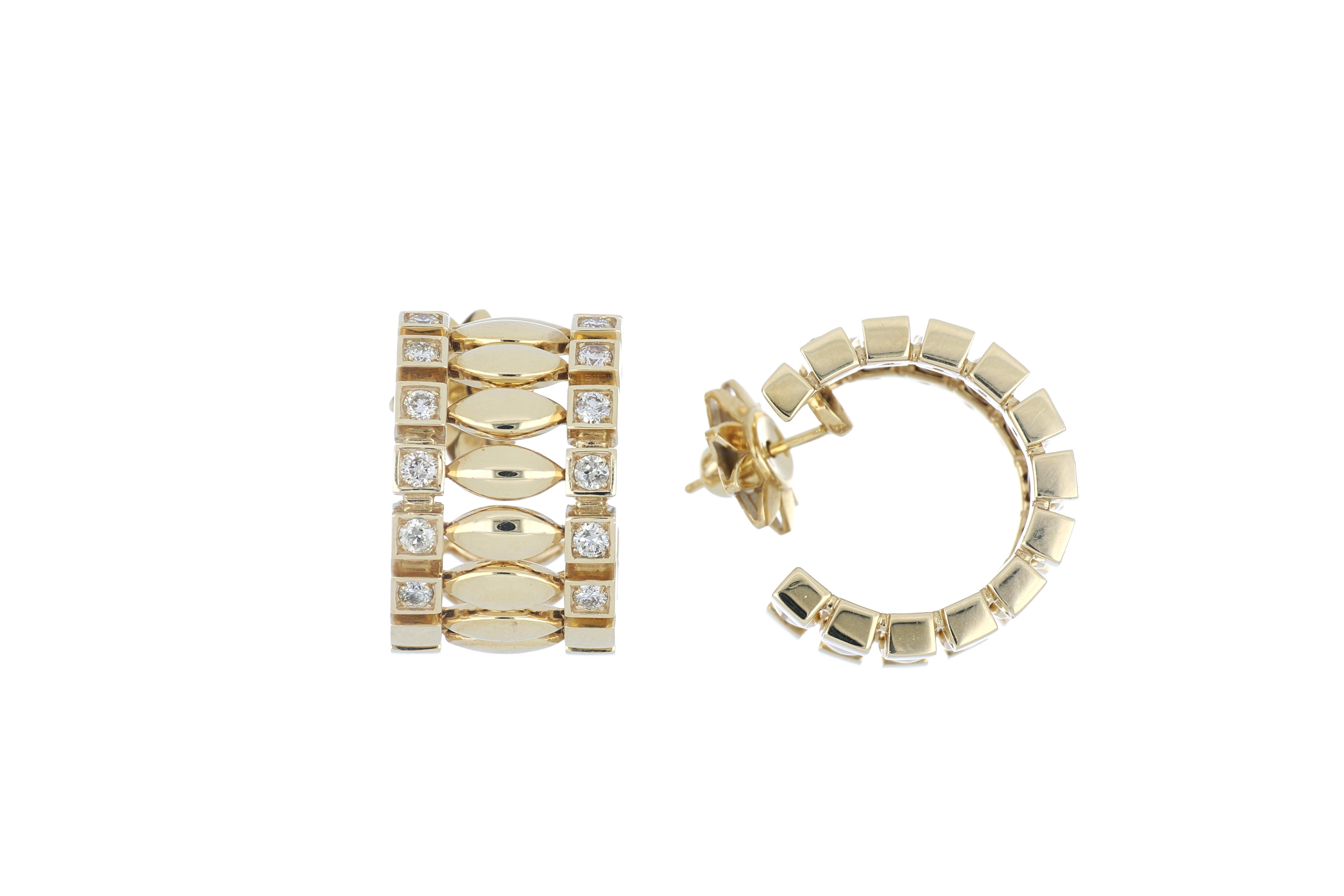 These gorgeous, elegant earrings were inspired by the bold and beautiful Greta Garbo. These earrings have a gorgeous pattern of soft, beautiful curves and strong, prominent squares. Stunning for any event, these earrings are 18k yellow gold and