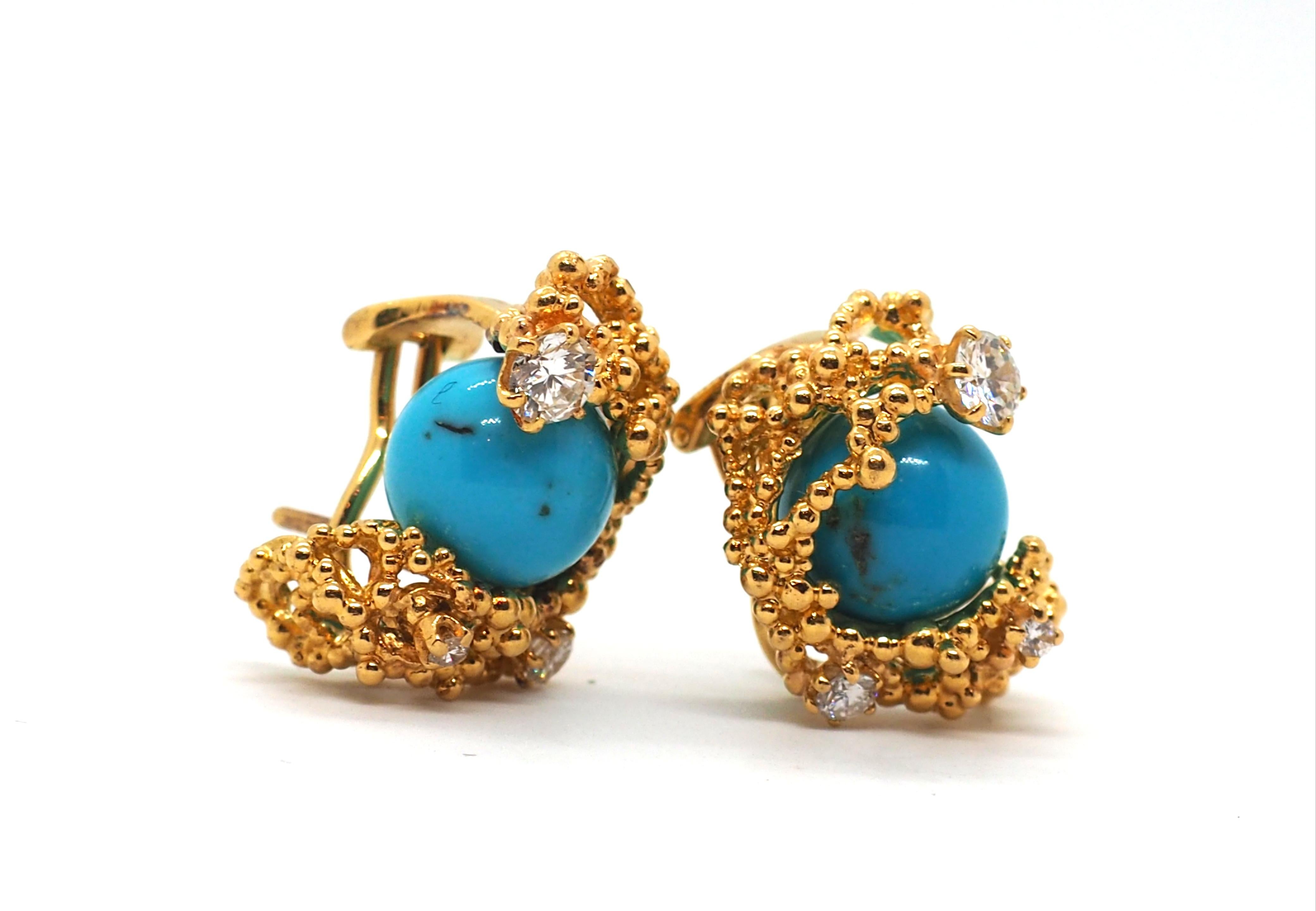 Gilbert Albert  clip earrings from the collection of interchangeable bills, made up of of free formed textured 18 karats yellow gold, decorated with 3 round shape diamonds each, about 0,76 carats. 
The earrings come with 5 different balls of your