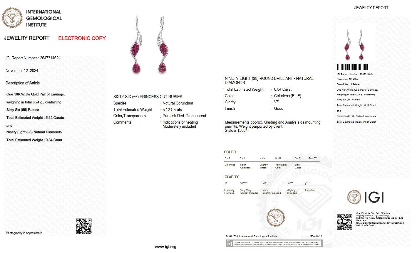 Orecchini - 18 kt. Oro bianco - 5,96ct. tw. Rubino - Diamante - IGI in vendita 3