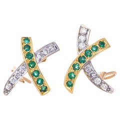 Earrings 18k Gold Emerald and Diamond Vintage "X" Design Earrings