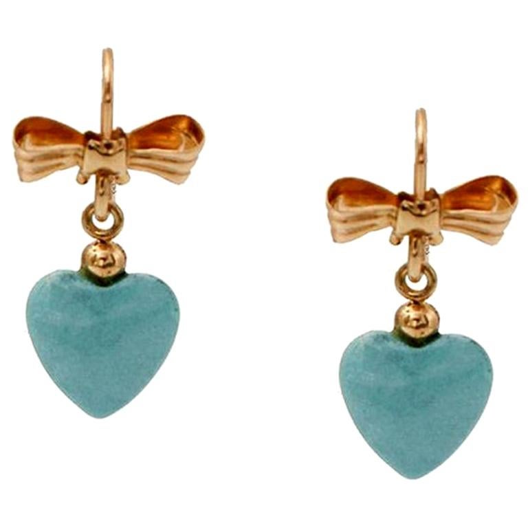 Earrings 18 Karat Yellow Gold with Turquoise Paste Hearts