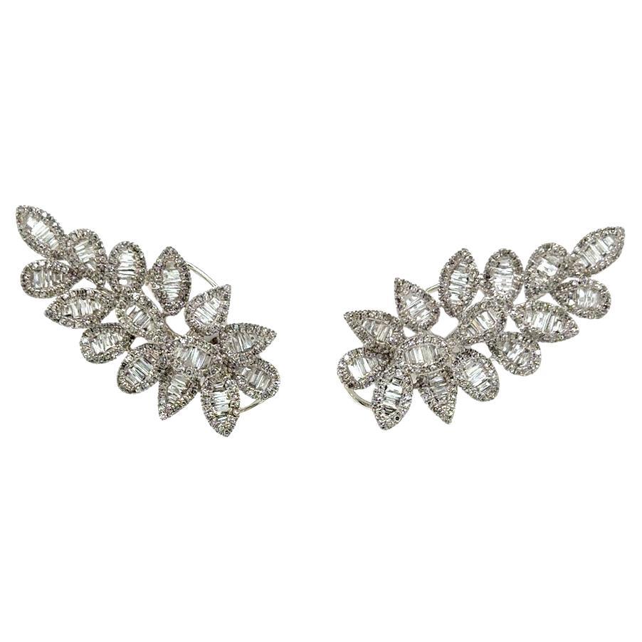 Pendientes 18Kt Baguettes y Diamantes Redondos Declaración Hoja en venta