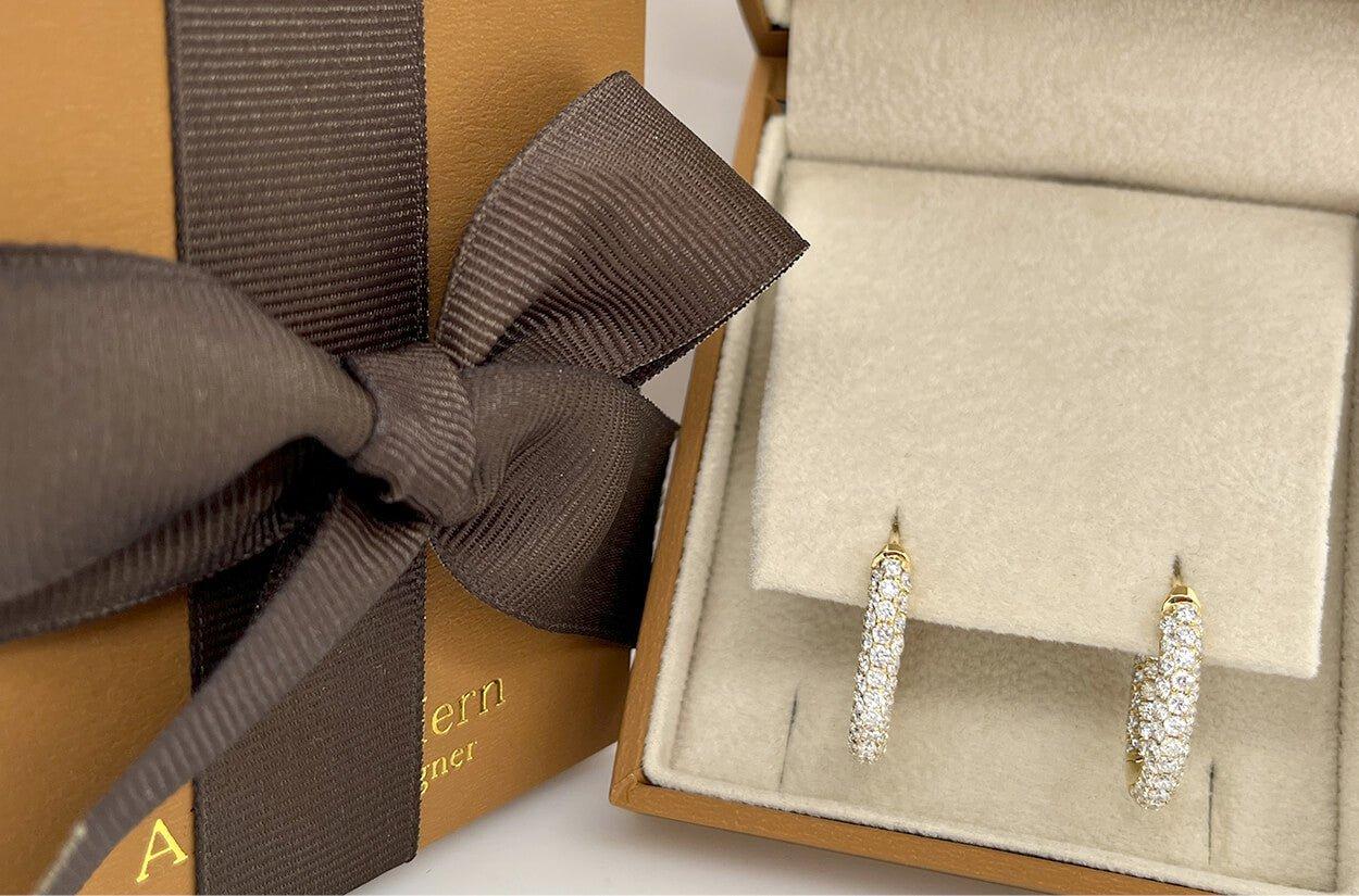 Contemporary Earrings 18kt Gold & 3-Row Diamonds 2.57 carats Medium Hoops For Sale