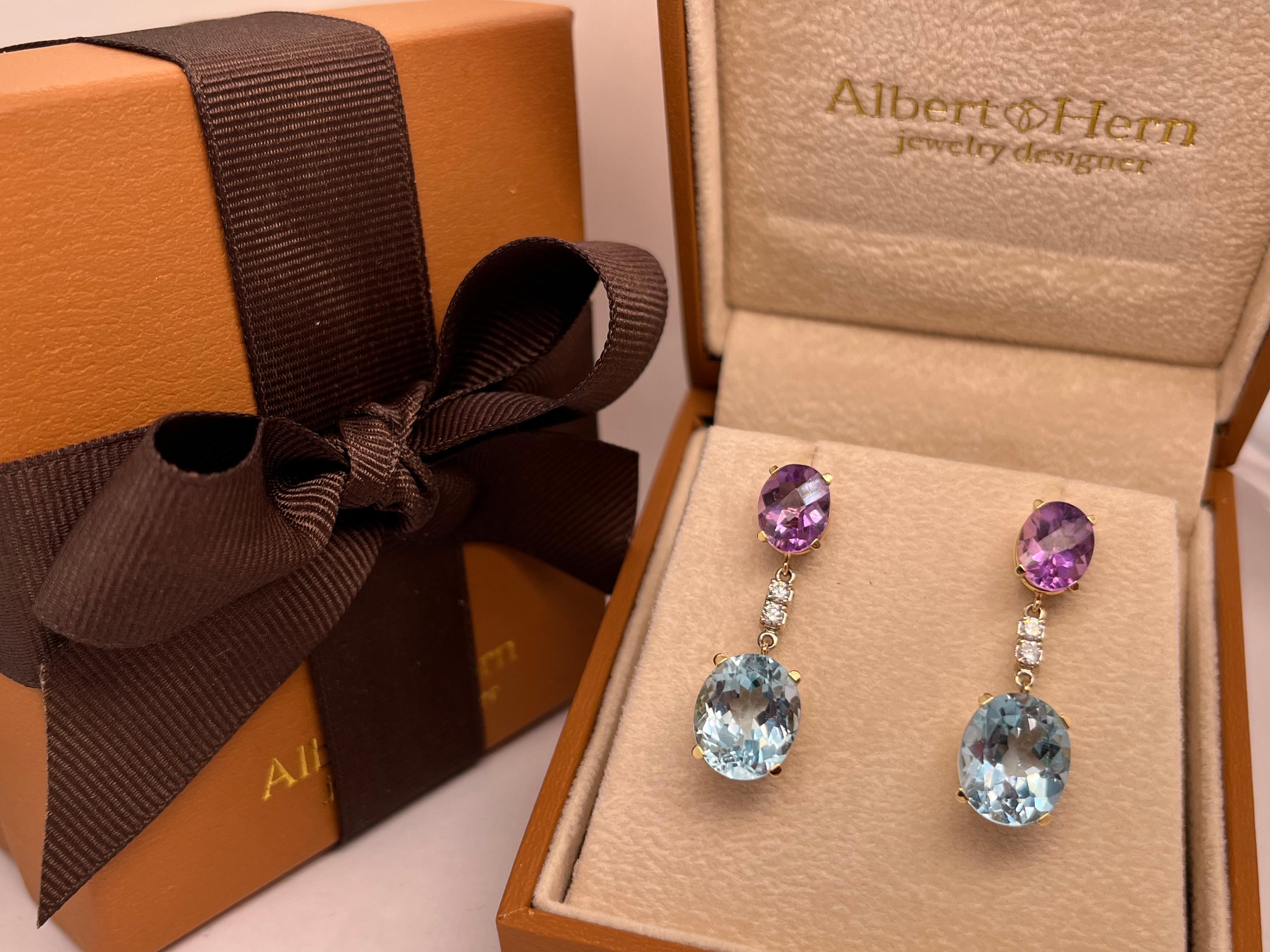 Contemporary Earrings 18kt Gold Amethyst & Blue Topaz Drops with Diamonds For Sale