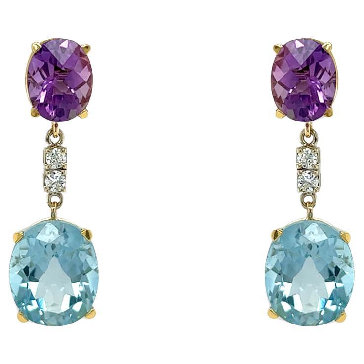 Earrings 18kt Gold Amethyst & Blue Topaz Drops with Diamonds For Sale