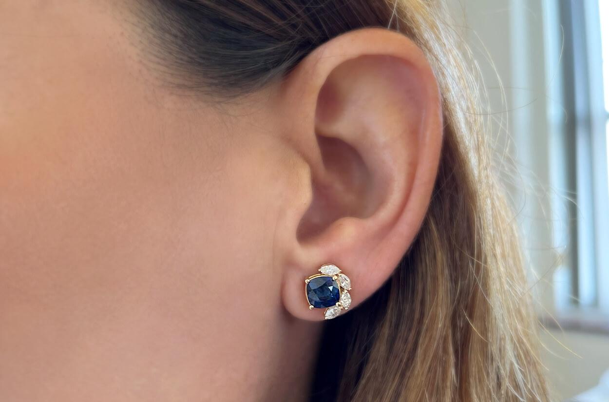 Contemporary Earrings 18kt Gold Blue Sapphires 3.08 cts & Marquise Diamonds  0.53 cts Studs For Sale