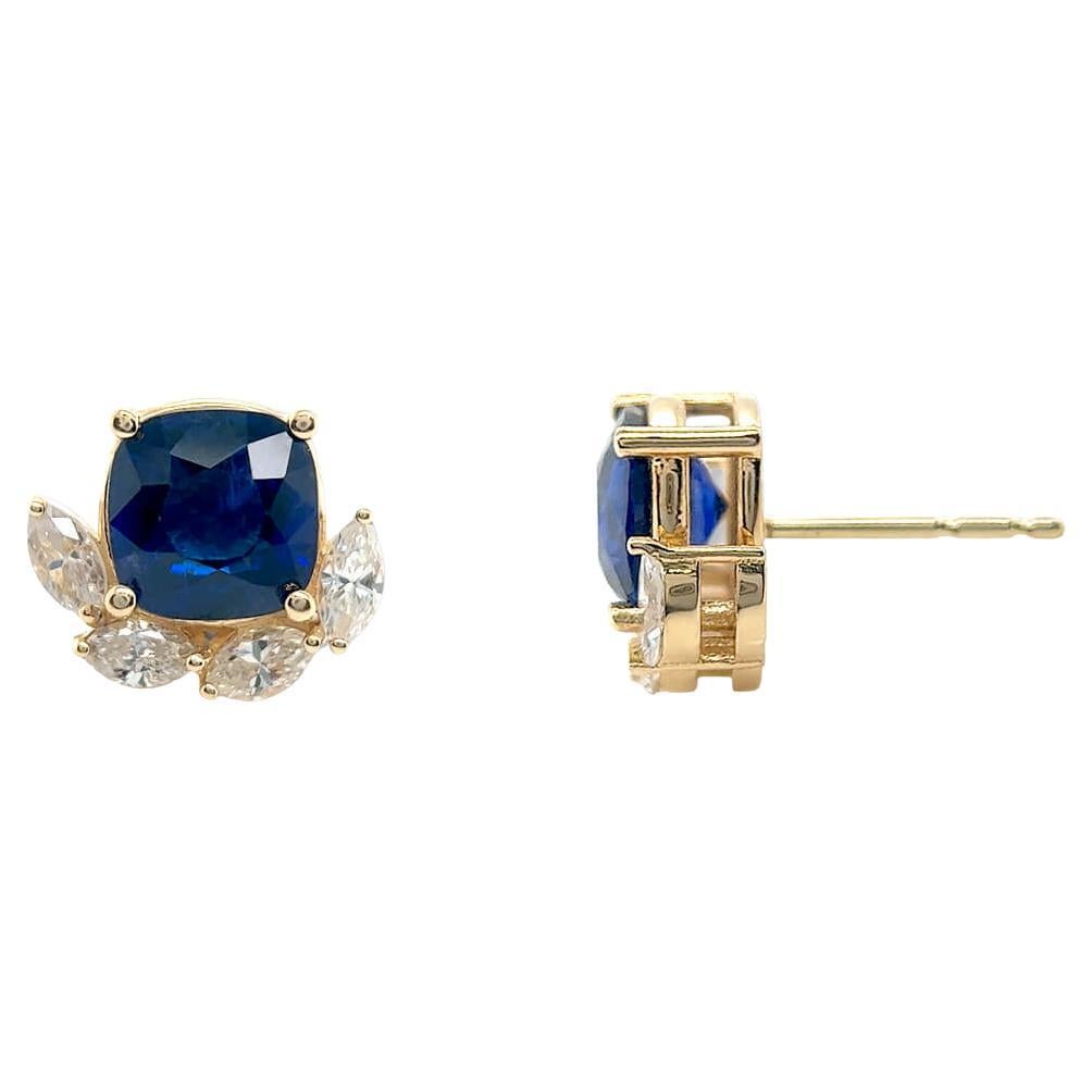 Earrings 18kt Gold Blue Sapphires 3.08 cts & Marquise Diamonds  0.53 cts Studs