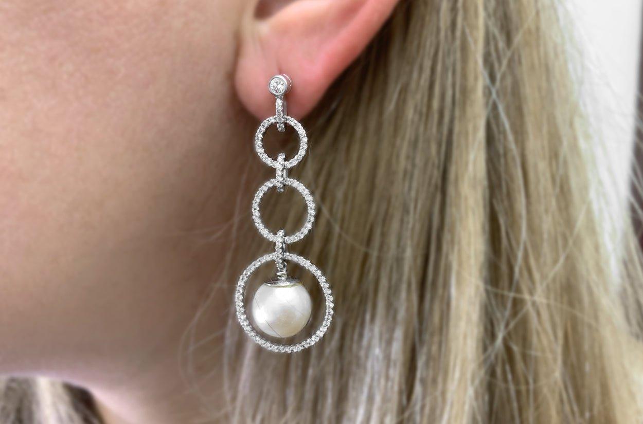Contemporary Earrings 18kt Gold Circle Drop with Pearls & Diamonds For Sale