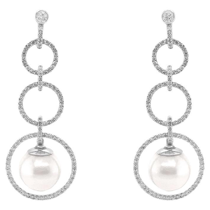 Earrings 18kt Gold Circle Drop with Pearls & Diamonds For Sale
