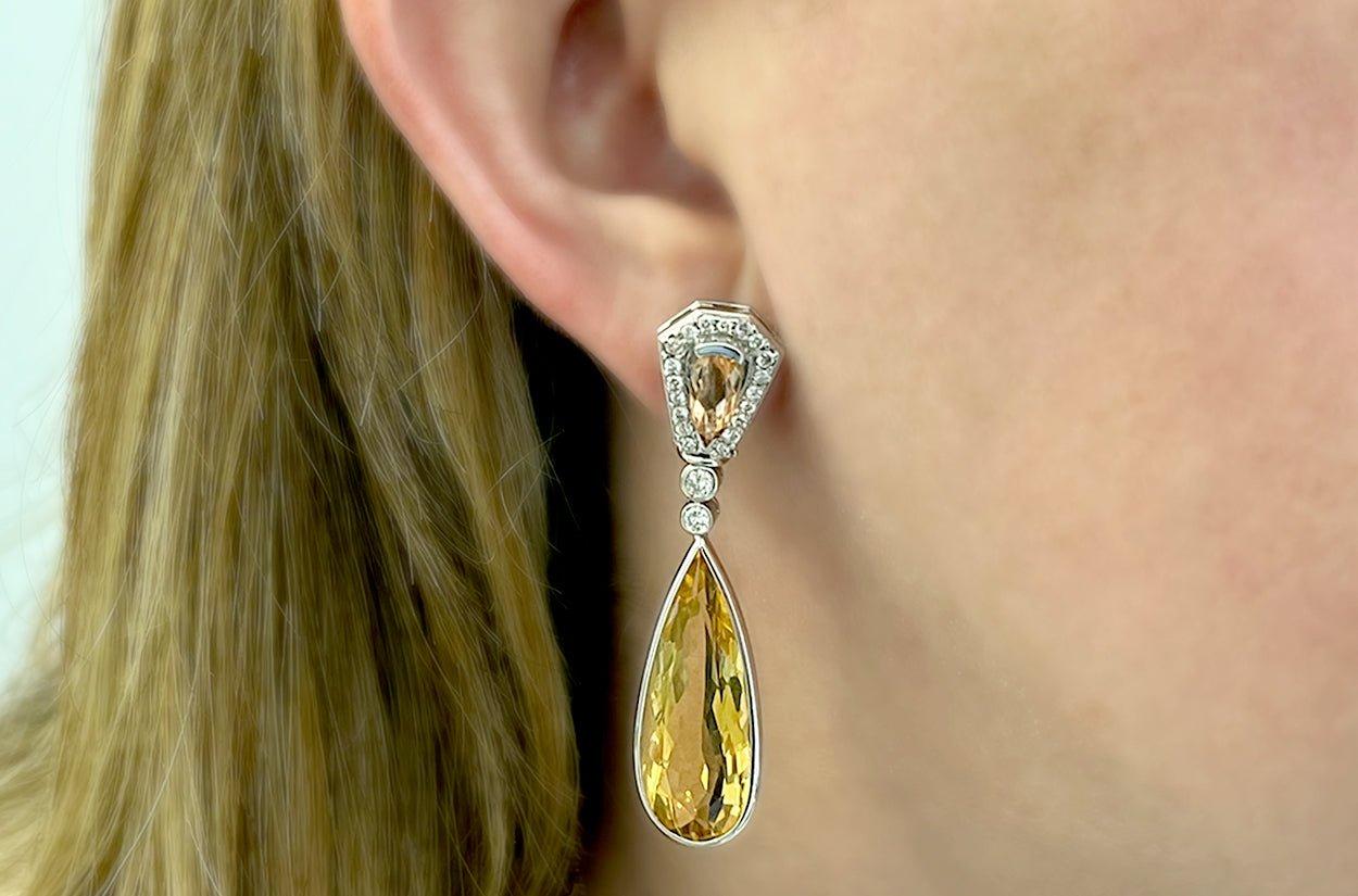 Contemporary Earrings 18kt Gold Citrines Drop with Precious Topaz & Diamonds For Sale