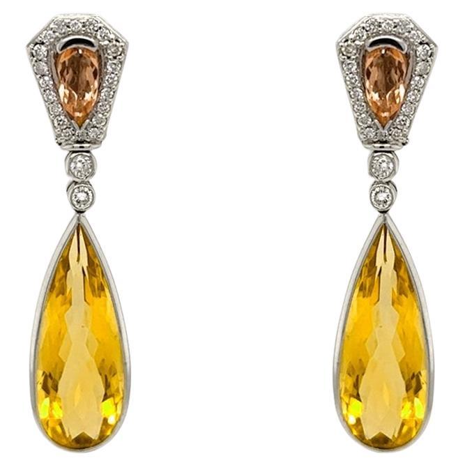 Earrings 18kt Gold Citrines Drop with Precious Topaz & Diamonds For Sale