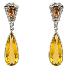 Boucles d'oreilles pendantes citrines en or 18 carats avec topaze précieuse et diamants