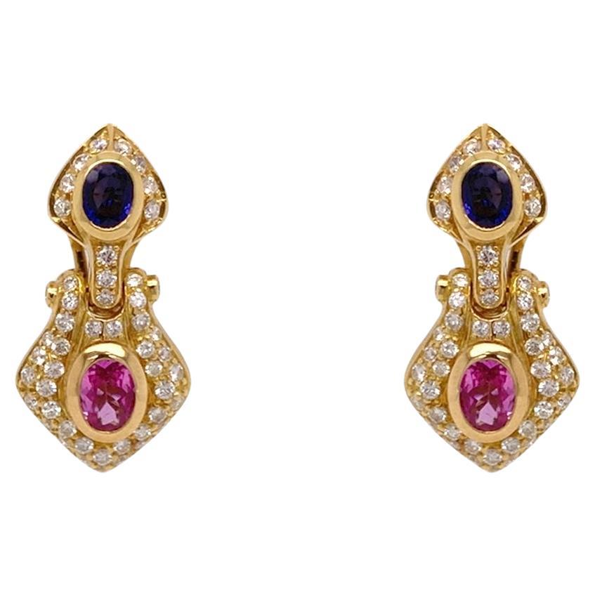 Earrings 18kt Gold Classic Sapphires & Diamonds For Sale