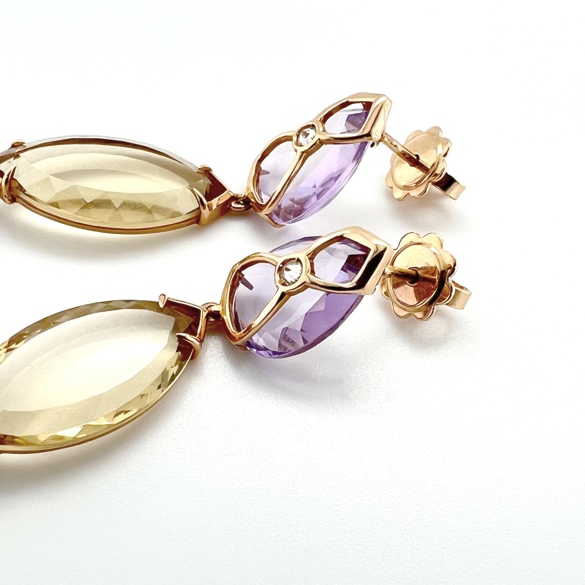 Modern Earrings 18KT gold, diamonds,  amethyst,  lemon quartz navette and a pink quartz For Sale