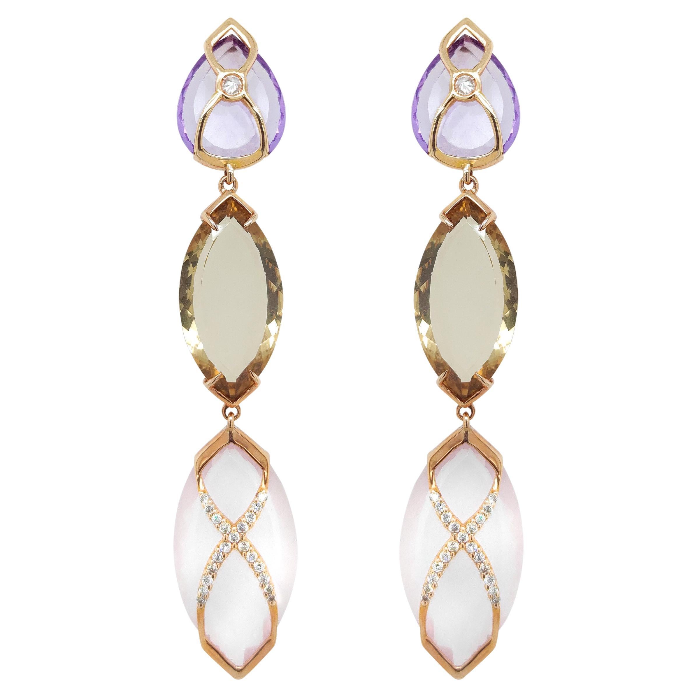 Earrings 18KT gold, diamonds,  amethyst,  lemon quartz navette and a pink quartz For Sale