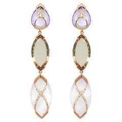 Earrings 18KT gold, diamonds,  amethyst,  lemon quartz navette and a pink quartz