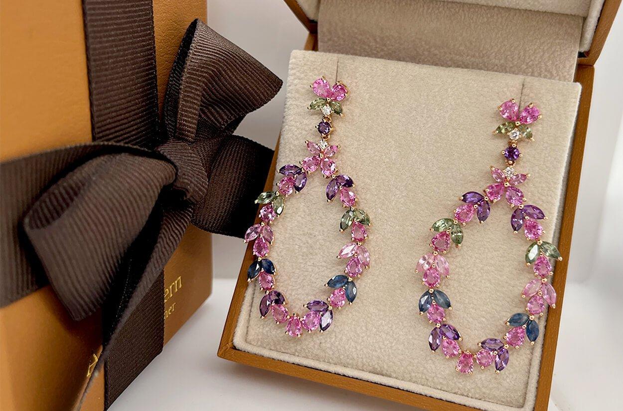 Contemporary Earrings 18kt Gold Floral Sapphires Amethyst & Diamonds Drop For Sale