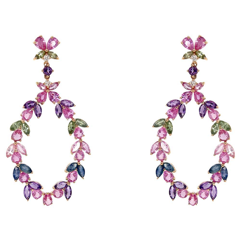 Earrings 18kt Gold Floral Sapphires Amethyst & Diamonds Drop For Sale