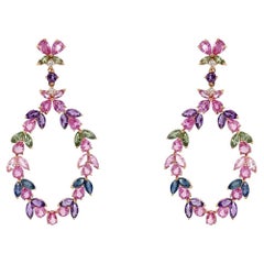 Pendientes Oro 18kt Floral Zafiros Amatista y Diamantes Gota
