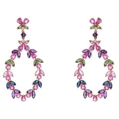 Earrings 18kt Gold Floral Sapphires Amethyst & Diamonds Drop