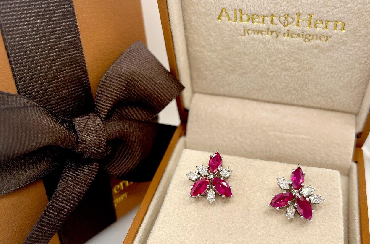 Contemporary Earrings 18kt Gold Flowers Marquise Rubies 2.68 cts. & Diamonds 0.62 cts. For Sale