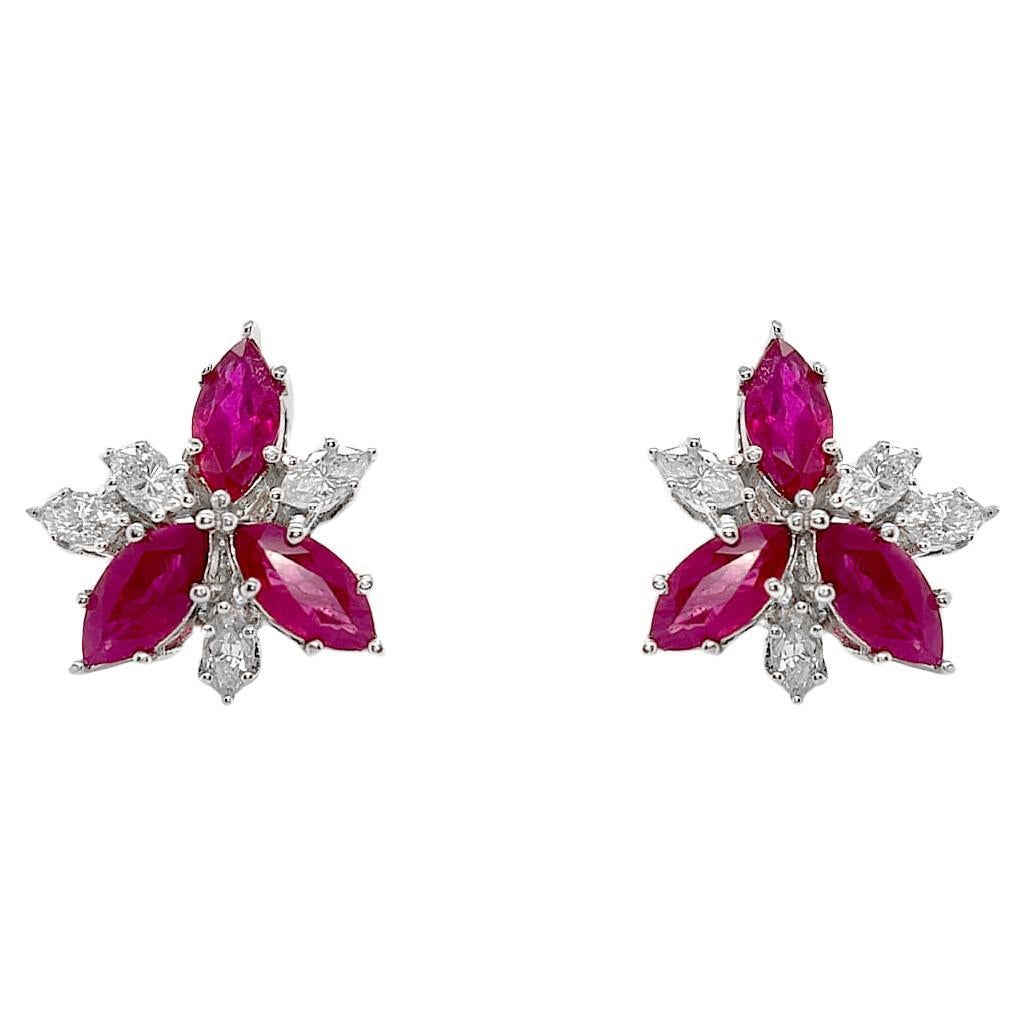 Earrings 18kt Gold Flowers Marquise Rubies 2.68 cts. & Diamonds 0.62 cts. For Sale