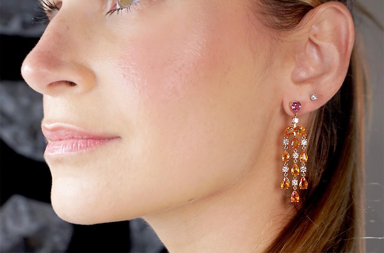 Contemporary Earrings 18kt Gold Orange Pear Sapphires & Diamonds Chandelier For Sale