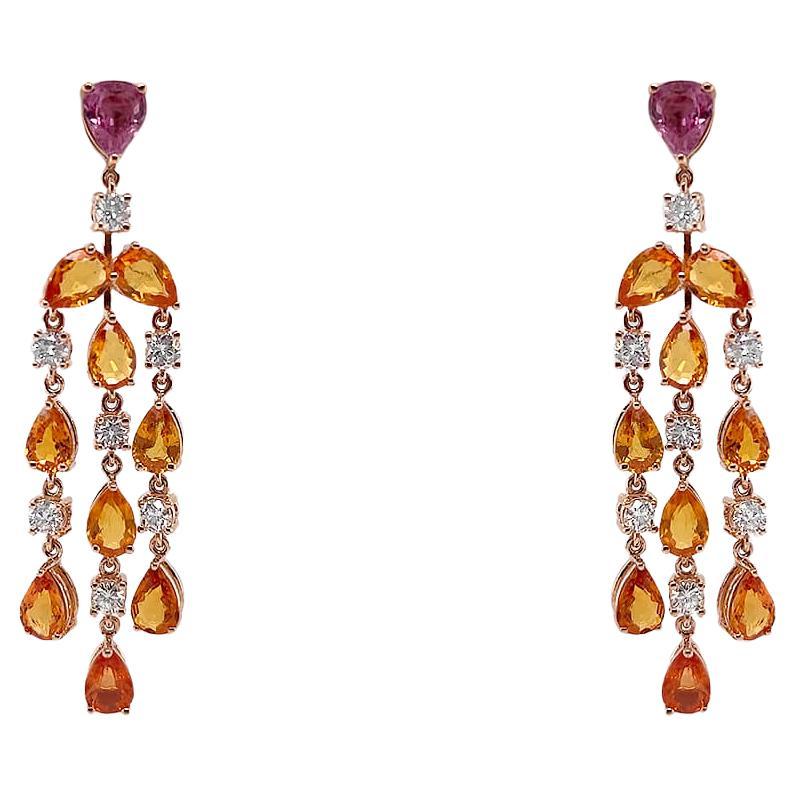 Earrings 18kt Gold Orange Pear Sapphires & Diamonds Chandelier