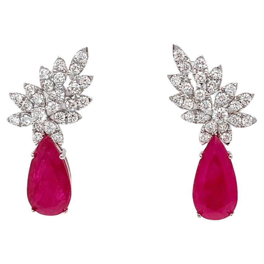 Earrings 18kt Gold Pear Rubies 7.20 cts & Diamonds 1.35 cts Statement Drops For Sale