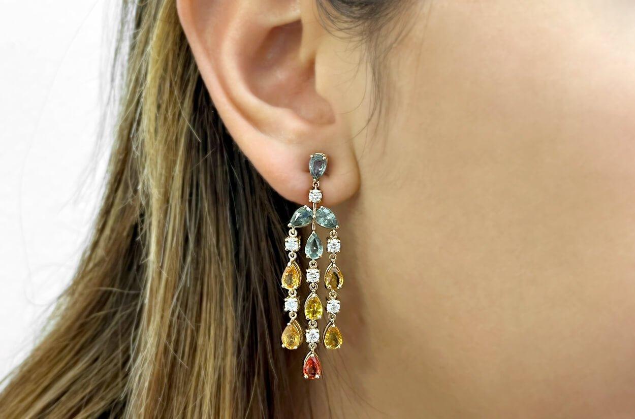 Contemporary Earrings 18kt Gold Pear Sapphires 12.20 cts. & Diamonds 1.22 cts. Chandelier For Sale