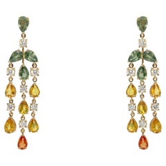 Earrings 18kt Gold Pear Sapphires 12.20 cts. & Diamonds 1.22 cts. Chandelier