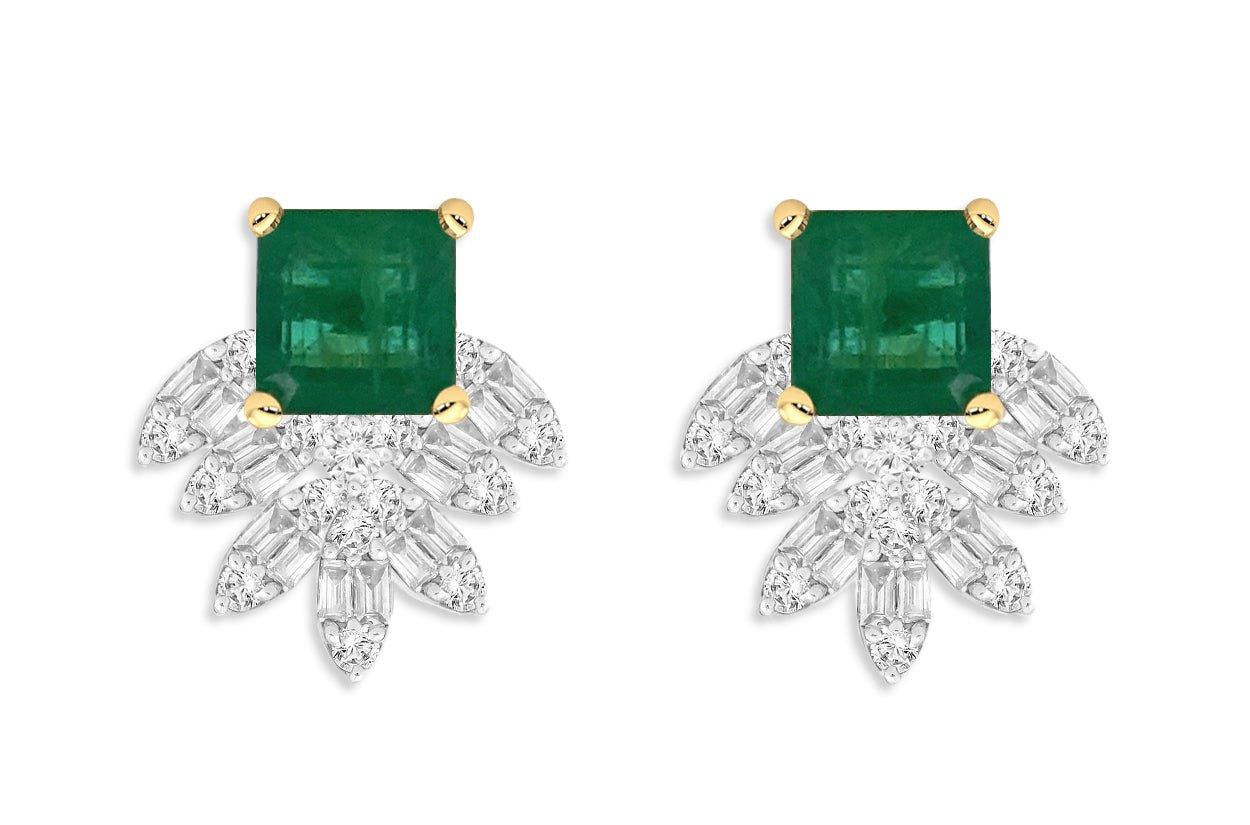 Square Cut Earrings 18kt Gold Square Emerald 2.04 cts & Marquise Illusion Diamonds 0.42 cts For Sale