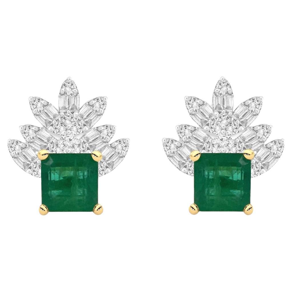 Earrings 18kt Gold Square Emerald 2.04 cts & Marquise Illusion Diamonds 0.42 cts