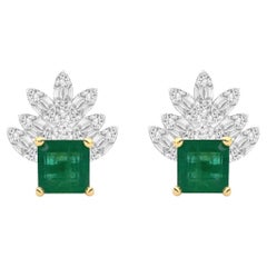 Earrings 18kt Gold Square Emerald 2.04 cts & Marquise Illusion Diamonds 0.42 cts