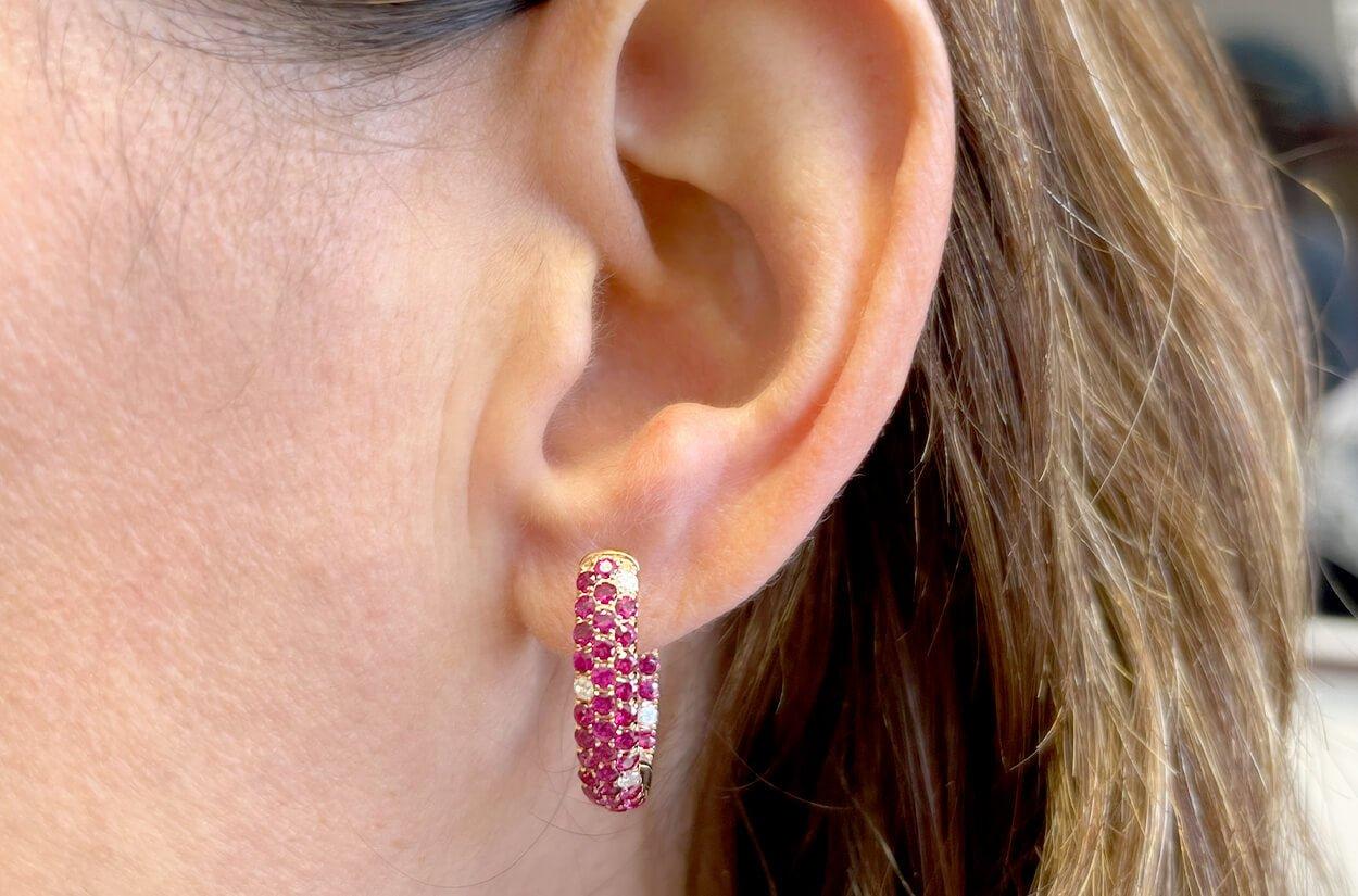 Round Cut Earrings 18kt Gold Three-Row Rubies 3.09 carats & Diamonds Hoops 0.36 carats  For Sale